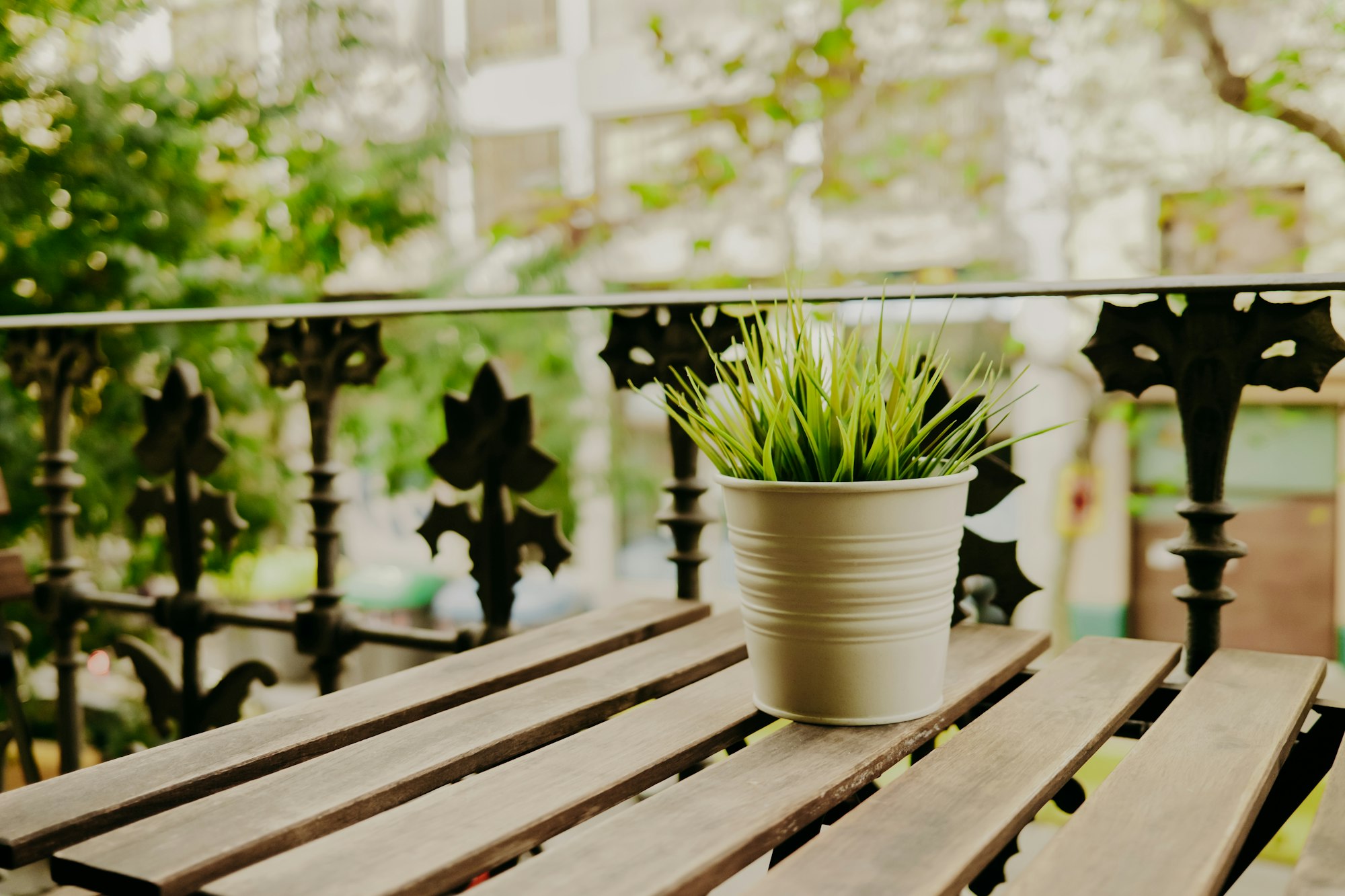 Decorative grass in flower pot stands on wooden table on balcony. Artificial green plant in galvaniz